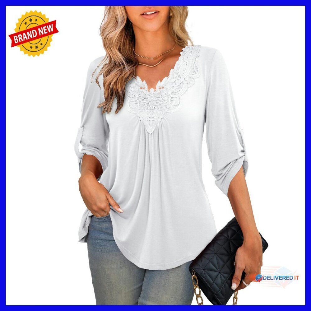 Plus Size Tunic Top 3/4 Roll Sleeve Lace V Neck Blouse